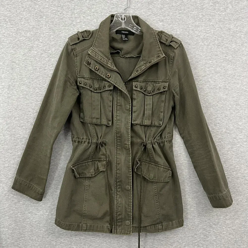 Forever 21 Jacket Womens Small Green Utility Brass Studs Military Army‎ Gorp Zip